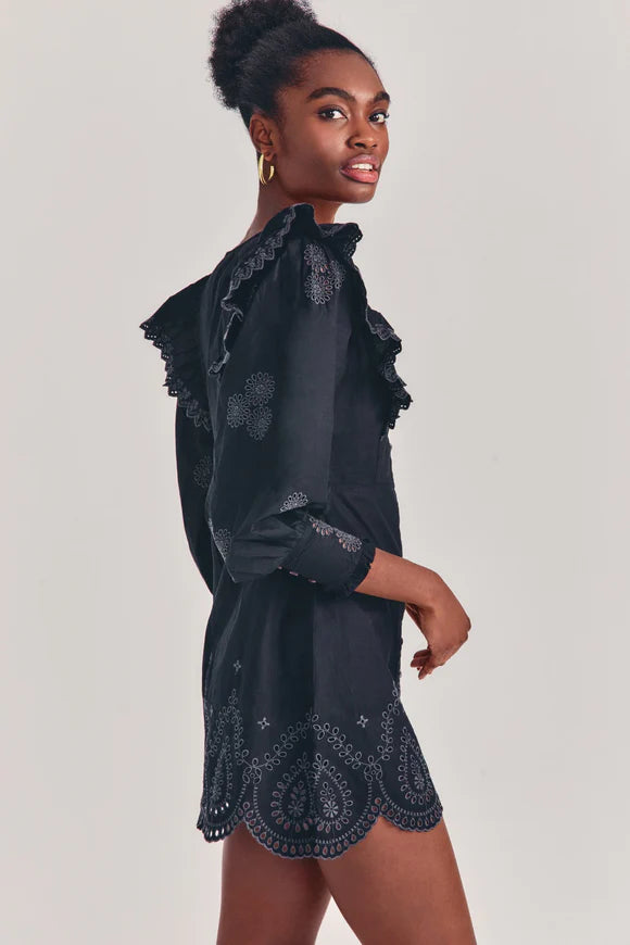 Black Tullia eyelet embroidered long sleeve dress with puffed sleeves — LoveShackFancy | Endless UAE