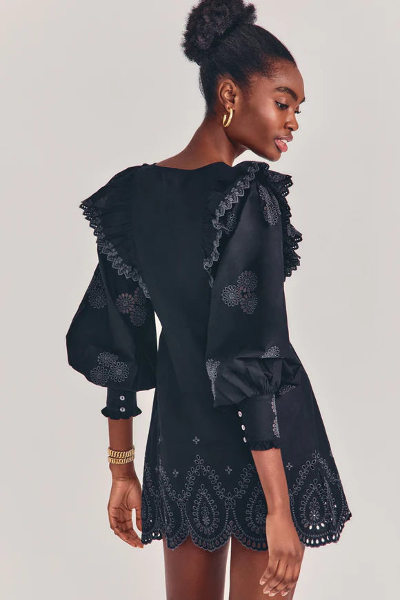 Black Tullia eyelet embroidered long sleeve dress with puffed sleeves — LoveShackFancy | Endless UAE