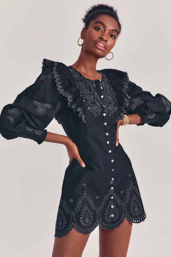Black Tullia eyelet embroidered long sleeve dress with puffed sleeves — LoveShackFancy | Endless UAE