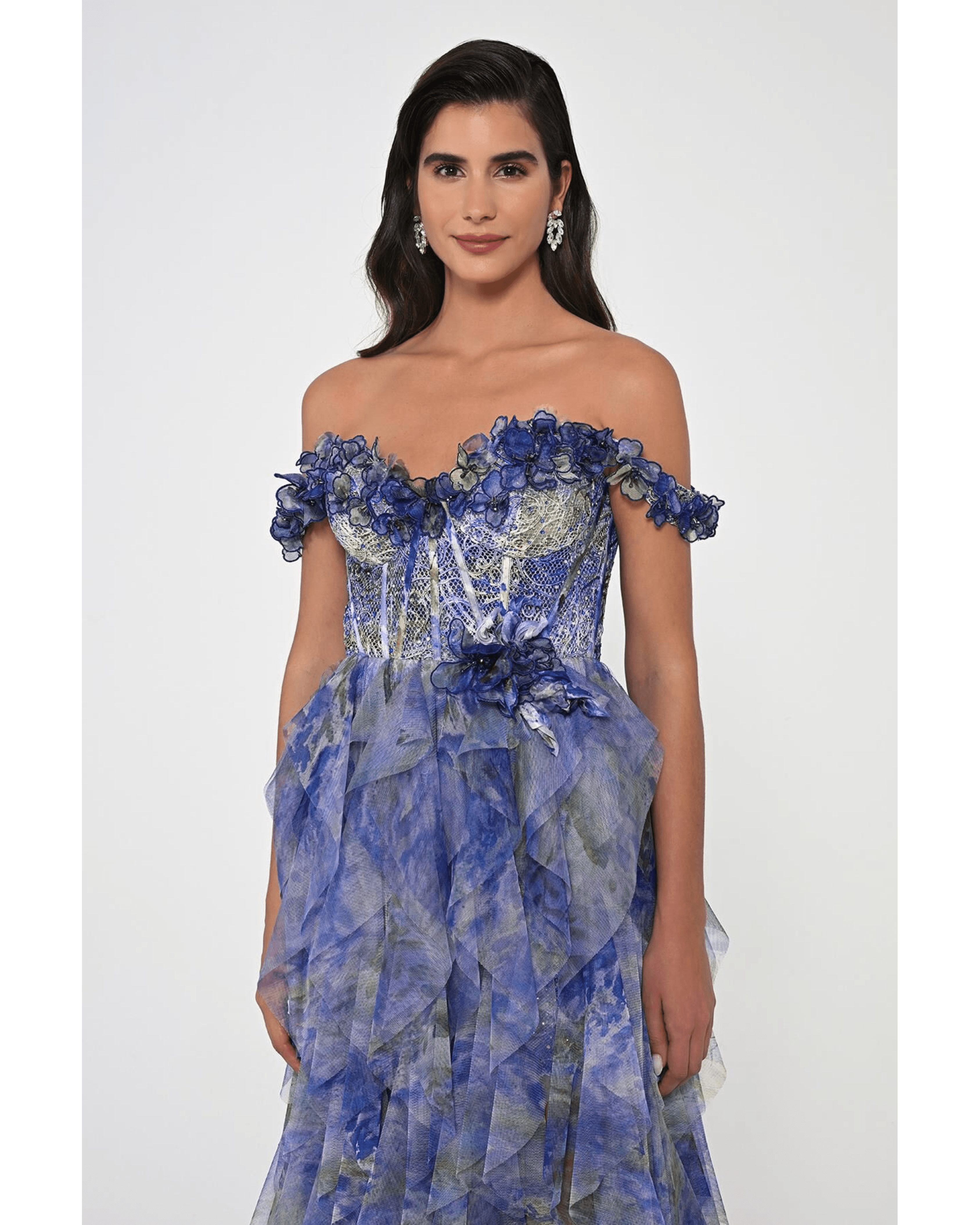Low Ruffle Shoulder Bodice Waist Tiered Tulle Long Dress - Endless - UAE Rental and Resale for Women's Fashion