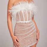White feathered off-shoulder dress with beaded skirt — Nadine Merabi | Endless UAE