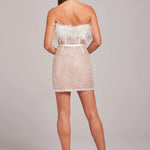 White feathered off-shoulder dress with beaded skirt — Nadine Merabi | Endless UAE