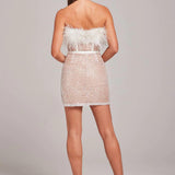 White feathered off-shoulder dress with beaded skirt — Nadine Merabi | Endless UAE