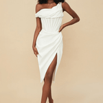 Elegant cream one-shoulder corset midi dress with draped bodice and thigh-high slit — House of CB | Endless UAE