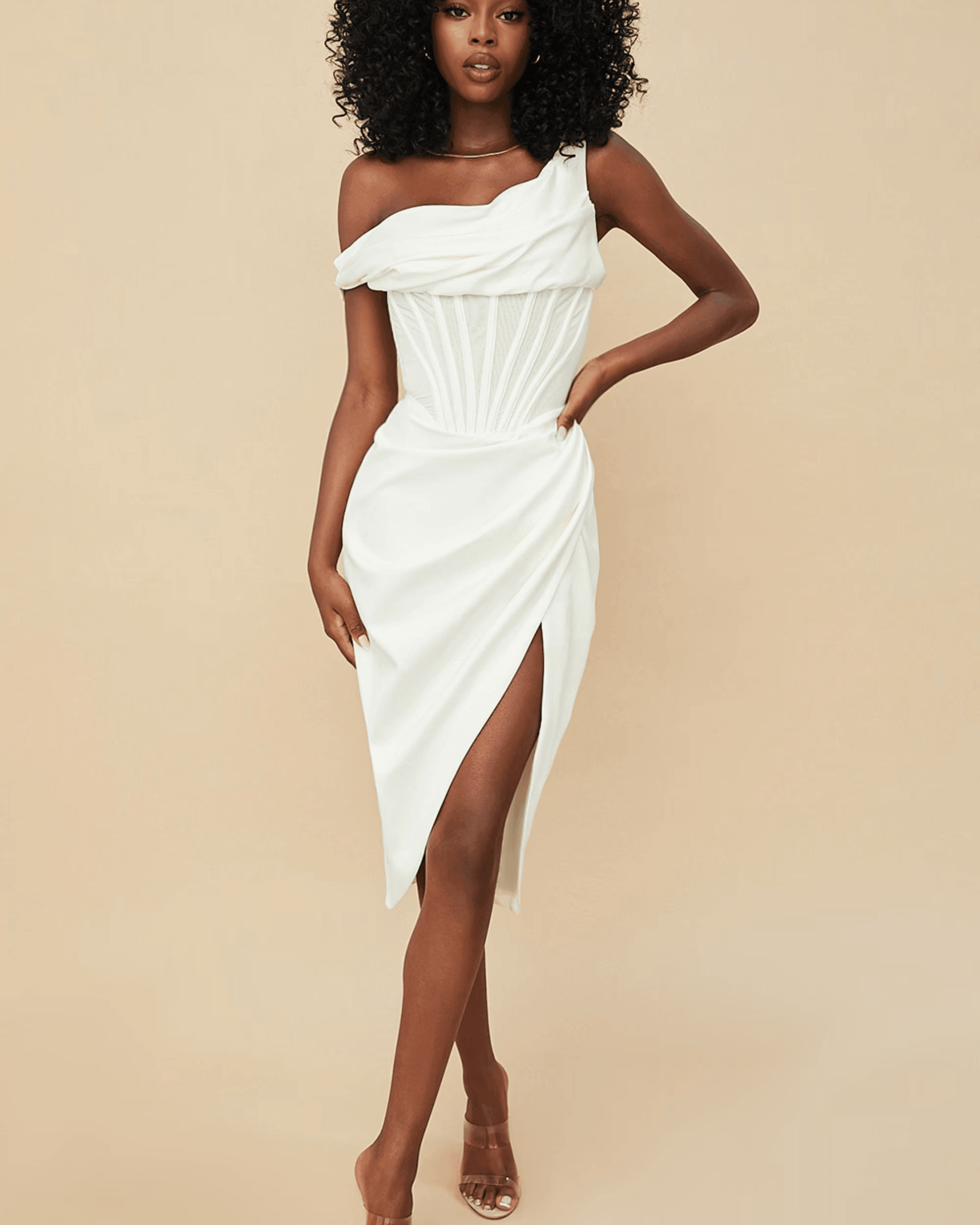 Elegant cream one-shoulder corset midi dress with draped bodice and thigh-high slit — House of CB | Endless UAE
