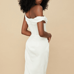 Elegant cream off-shoulder corset midi dress with structured bodice and flowing skirt, shown from back view — House of CB | Endless UAE