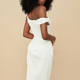Elegant cream off-shoulder corset midi dress with structured bodice and flowing skirt, shown from back view — House of CB | Endless UAE