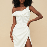 Elegant white one-shoulder corset midi dress with draped bodice and thigh-high slit — House of CB | Endless UAE