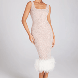 LuLu White Embellished Feathered Midi Dress - Endless - UAE Rental and Resale for Women's Fashion