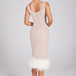 LuLu White Embellished Feathered Midi Dress - Endless - UAE Rental and Resale for Women's Fashion