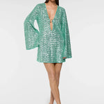 Green sequin mini dress with flutter sleeves and O-ring detail — Oseree | Endless UAE