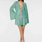Green sequin mini dress with flutter sleeves and O-ring detail — Oseree | Endless UAE