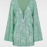 Green sequin mini dress with flutter sleeves and O-ring detail — Oseree | Endless UAE