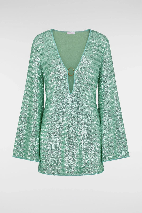 Green sequin mini dress with flutter sleeves and O-ring detail — Oseree | Endless UAE