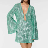 Green sequin mini dress with flutter sleeves and O-ring detail — Oseree | Endless UAE