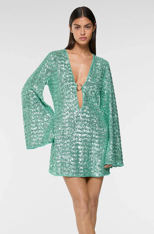 Green sequin mini dress with flutter sleeves and O-ring detail — Oseree | Endless UAE
