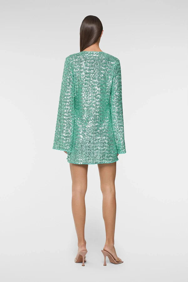 Green sequin mini dress with flutter sleeves and O-ring detail — Oseree | Endless UAE