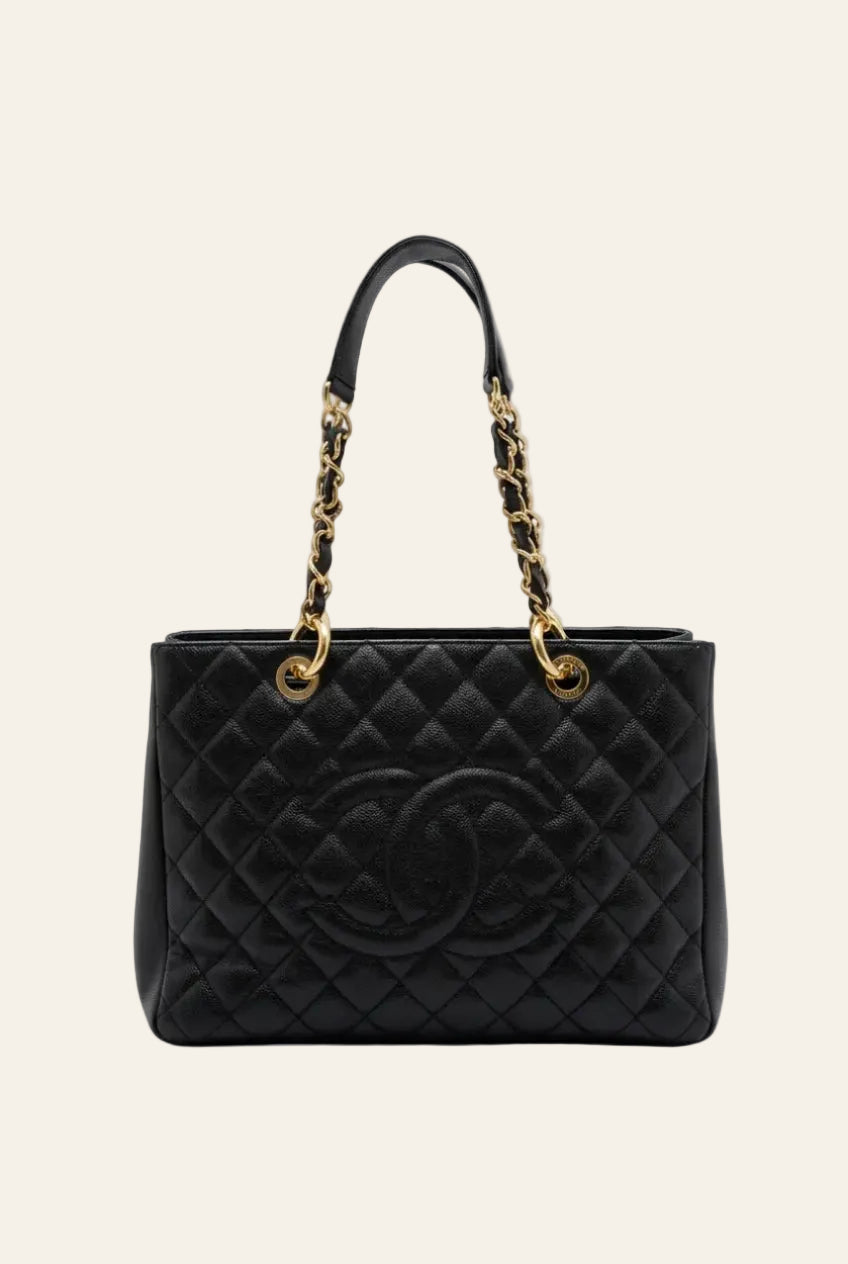 Black quilted caviar leather Grand Shopper Tote with gold chain straps and CC logo — Chanel | Endless UAE