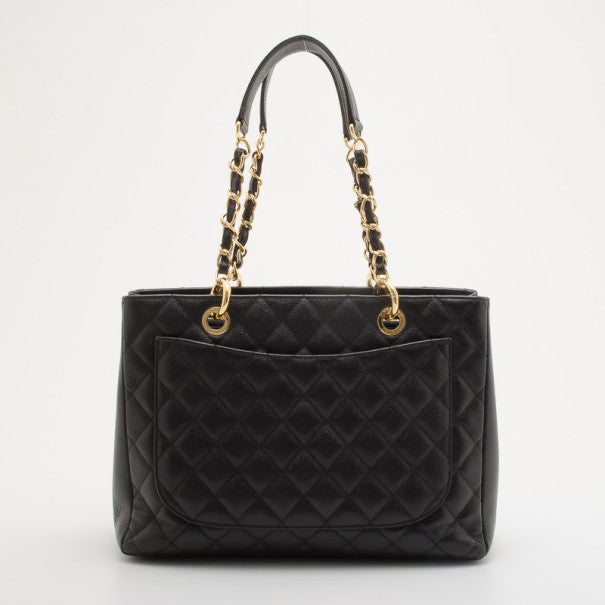 Black quilted caviar leather Grand Shopper Tote with gold chain straps and front pocket — Chanel | Endless UAE