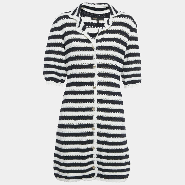 Black and white striped crochet-effect dress with short sleeves and button-front closure — Maje | Endless UAE