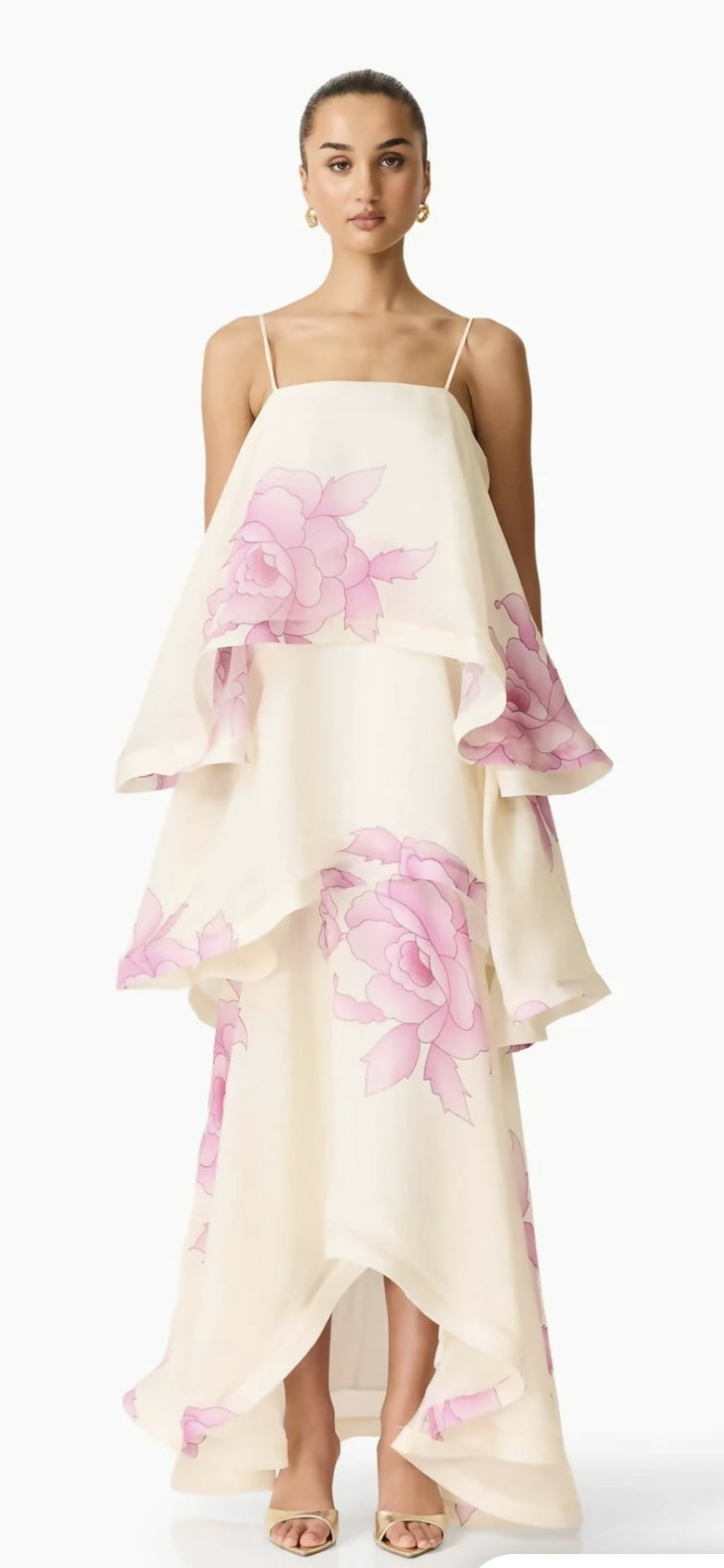 Rova Tiered Dress in cream with pink floral print, featuring layered ruffles and adjustable straps — Endless | Endless UAE