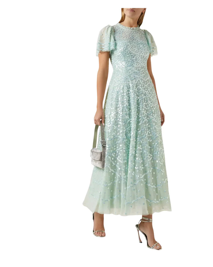 Sage green sequin midi dress with flutter sleeves — Needle and thread | Endless UAE