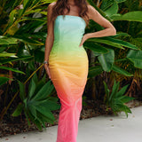 Malibu Midi Dress in rainbow ombre gradient from mint to coral — Runaway The Label | Endless UAE