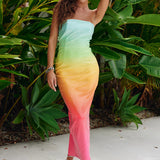 Malibu Midi Dress in rainbow ombre gradient from mint to coral — Runaway The Label | Endless UAE