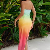 Malibu Midi Dress in rainbow ombre gradient from mint to coral — Runaway The Label | Endless UAE