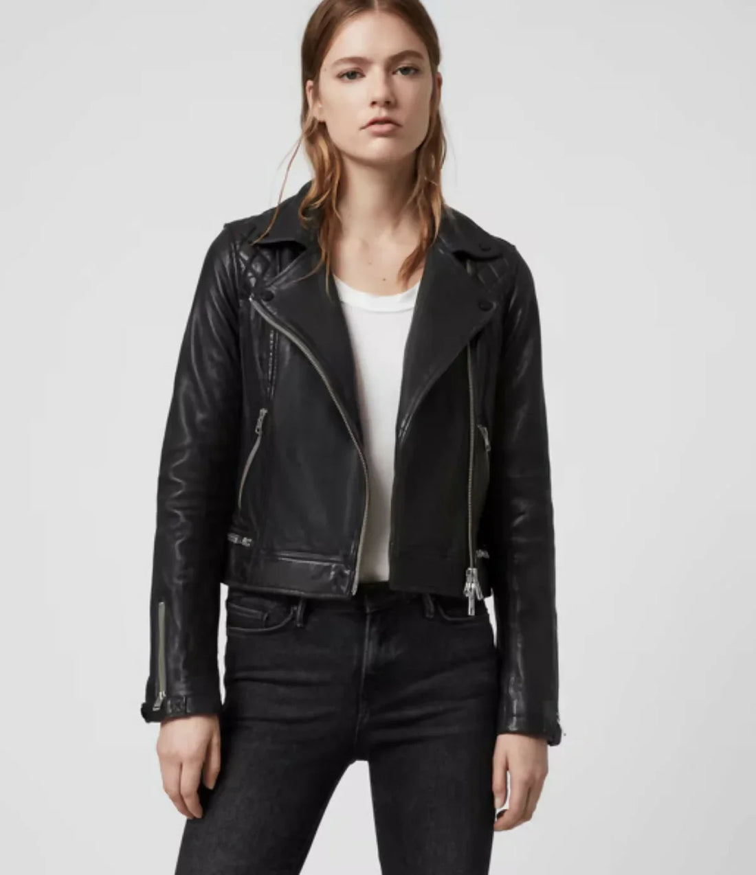 Black leather biker jacket with asymmetrical zip closure and collar — All Saints | Endless UAE