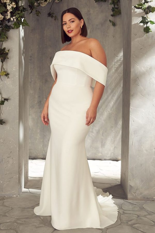 Off-shoulder white mermaid wedding gown with elegant draping — MIKAELLA | Endless UAE