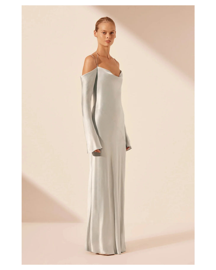 Silvery grey off-shoulder tie maxi dress with draped sleeves — Shona Joy | Endless UAE