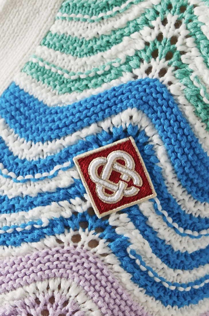Colorful striped crochet co-ord set with blue, green, and purple squares featuring embroidered logo patch — Casablanca | Endless UAE