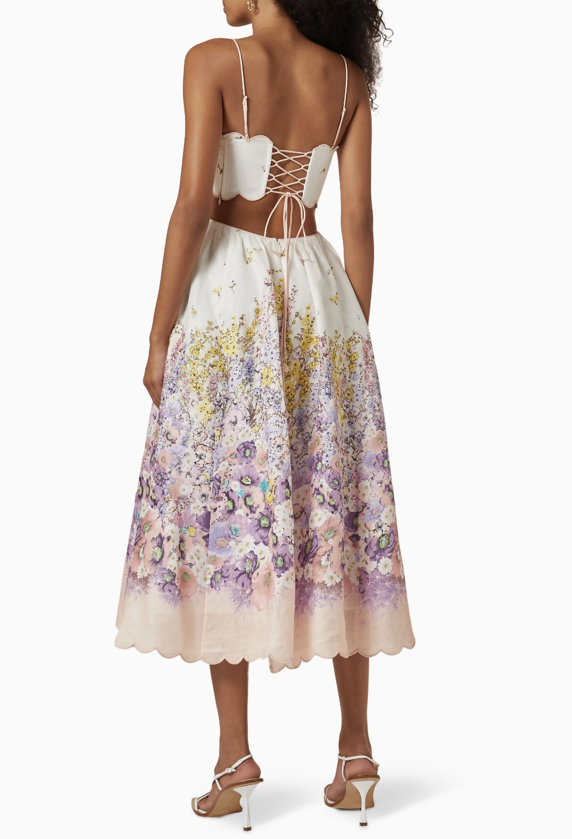 Floral print midi dress with corset top, lace-up back detail and scalloped hem skirt — Zimmermann | Endless UAE
