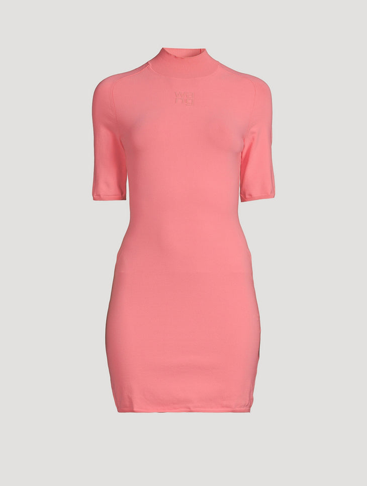 Pink short-sleeve mini dress with mock neckline and embroidered logo detail in fitted silhouette — Alexander Wang | Endless UAE