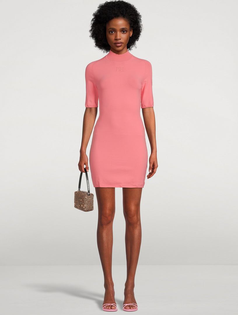 Woman wearing coral pink short-sleeve bodycon mini dress with mock neck, holding beaded handbag and pink sandals — Alexander Wang | Endless UAE