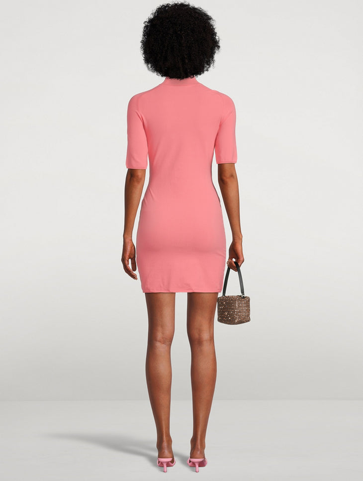 Woman wearing coral pink short-sleeve bodycon mini dress with mock neck, holding woven bag, rear view — Alexander Wang | Endless UAE