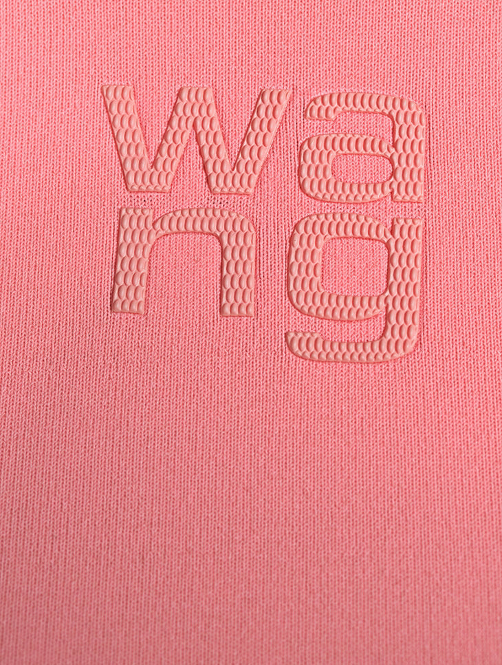 Pink knit short-sleeve mini dress with embossed 'Wang' logo detail on textured fabric — Alexander Wang | Endless UAE
