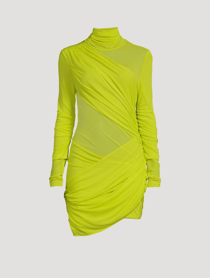 Bright lime green long-sleeved mini dress with turtleneck and diagonal draping detail — Gauge 81 | Endless UAE