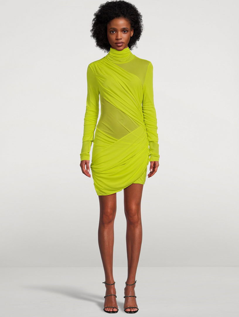 Chartreuse yellow-green draped mini dress with turtleneck and long sleeves on model — Gauge 81 | Endless UAE