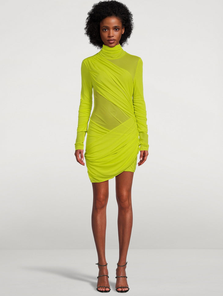 Chartreuse yellow-green draped mini dress with turtleneck and long sleeves on model — Gauge 81 | Endless UAE
