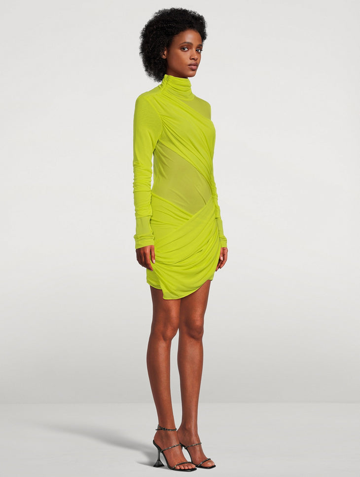 Lime green draped mini dress with high turtleneck and long sleeves on model — Gauge 81 | Endless UAE