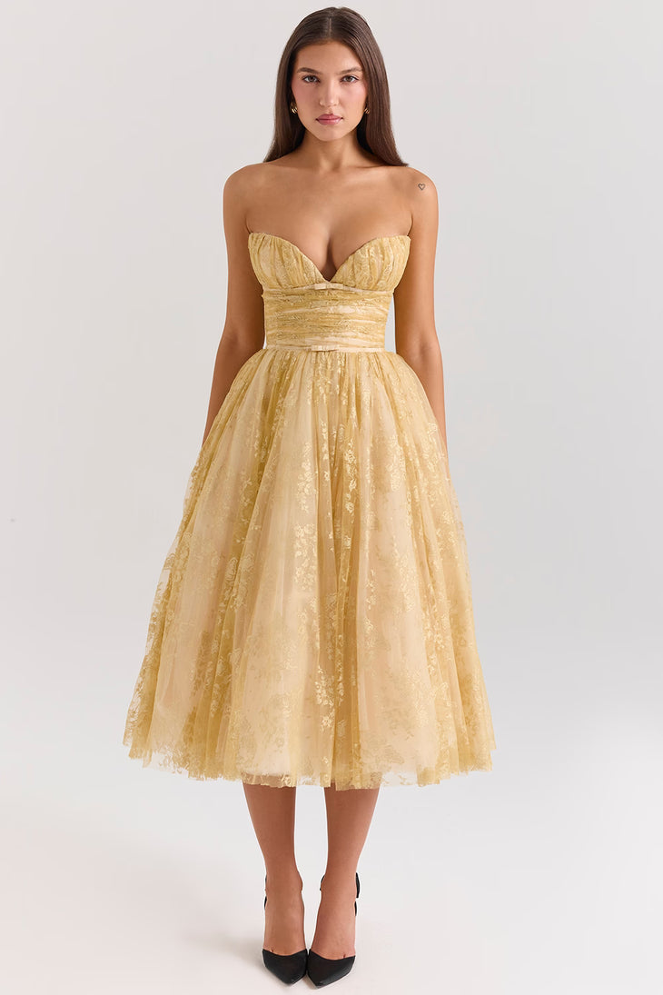 Woman wearing gold metallic lace tulle strapless midi gown with ruched waist — House of CB | Endless UAE