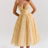Woman wearing gold metallic lace tulle strapless midi gown with ruched waist — House of CB | Endless UAE