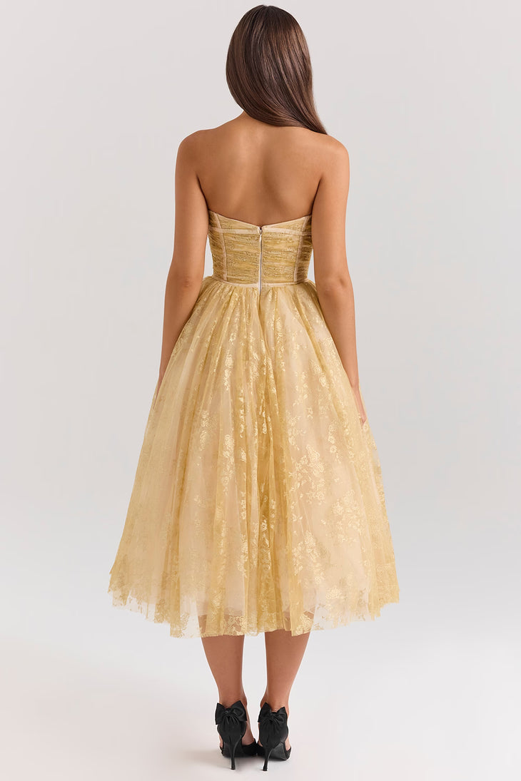 Woman wearing gold metallic lace tulle strapless midi gown with ruched waist — House of CB | Endless UAE
