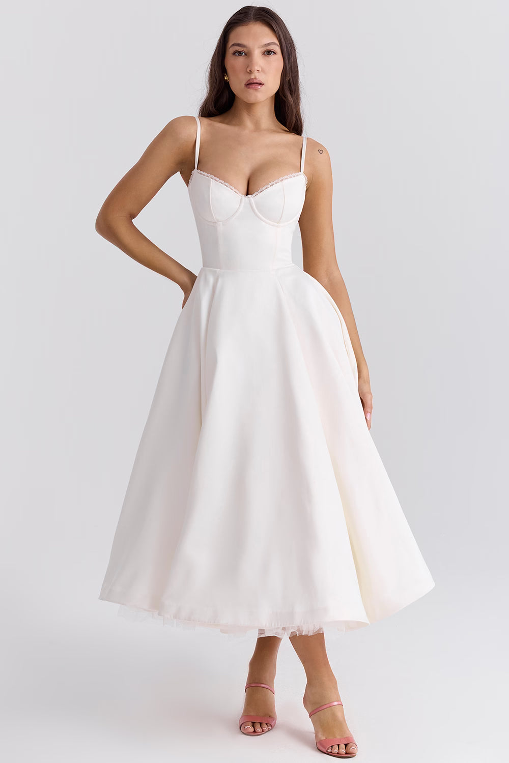 White sweetheart neckline tulle midi dress with thin straps and full skirt — House of CB | Endless UAE