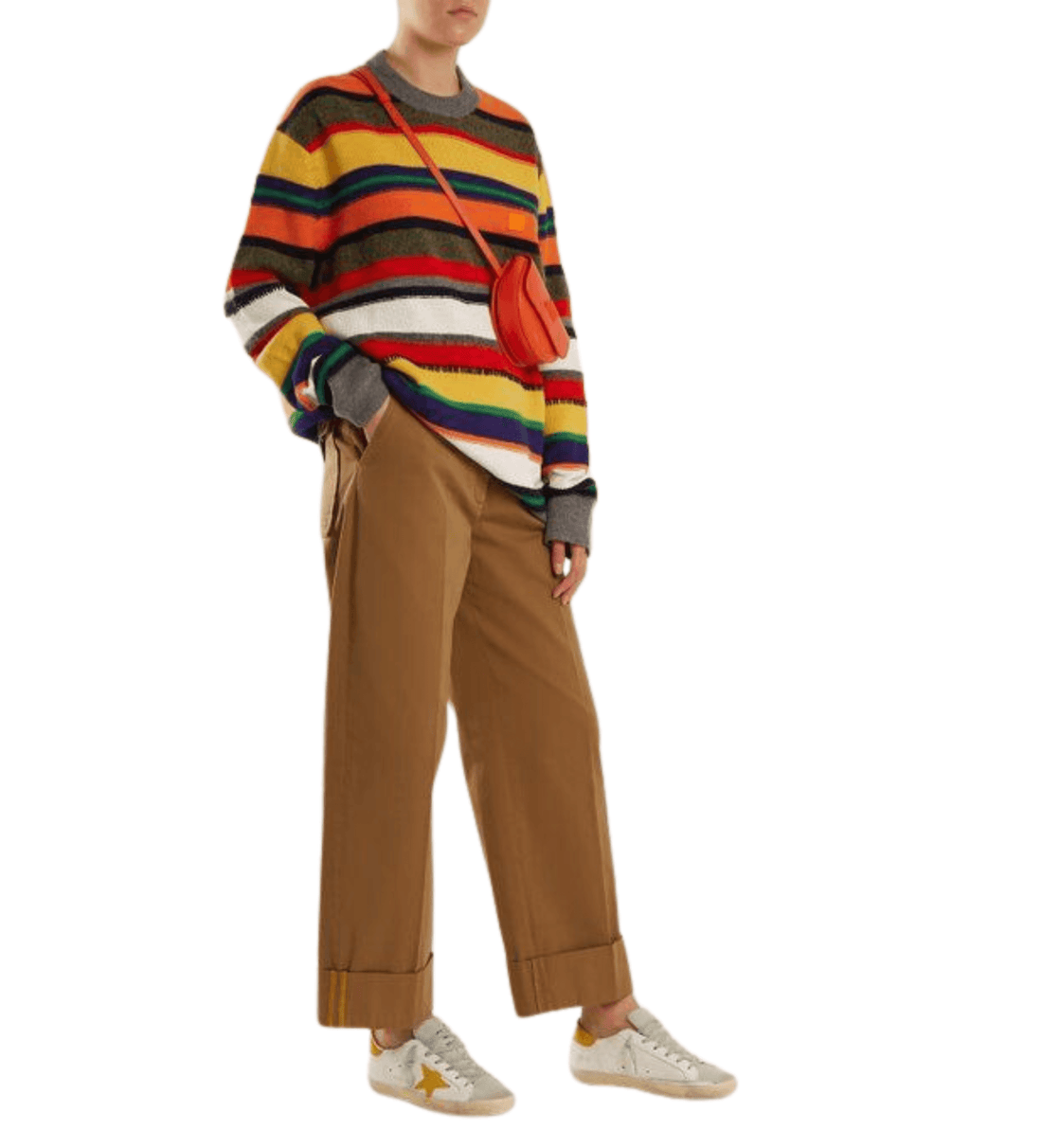 Wide-leg camel brown chinos with cuffed hems styled with colorful striped sweater and sneakers — Acne Studios | Endless UAE