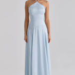 Light blue satin halter neck maxi dress with godet panels and fitted bodice — House of CB | Endless UAE