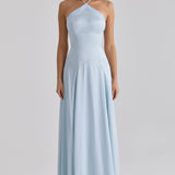 Light blue satin halter neck maxi dress with godet panels and fitted bodice — House of CB | Endless UAE