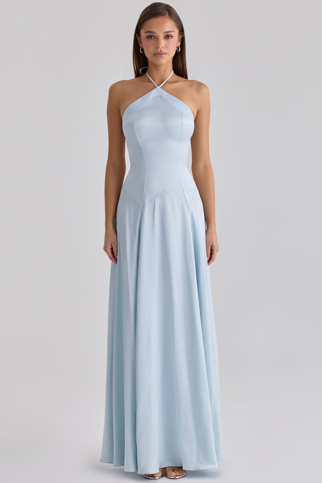 Light blue satin halter neck maxi dress with godet panels and fitted bodice — House of CB | Endless UAE
